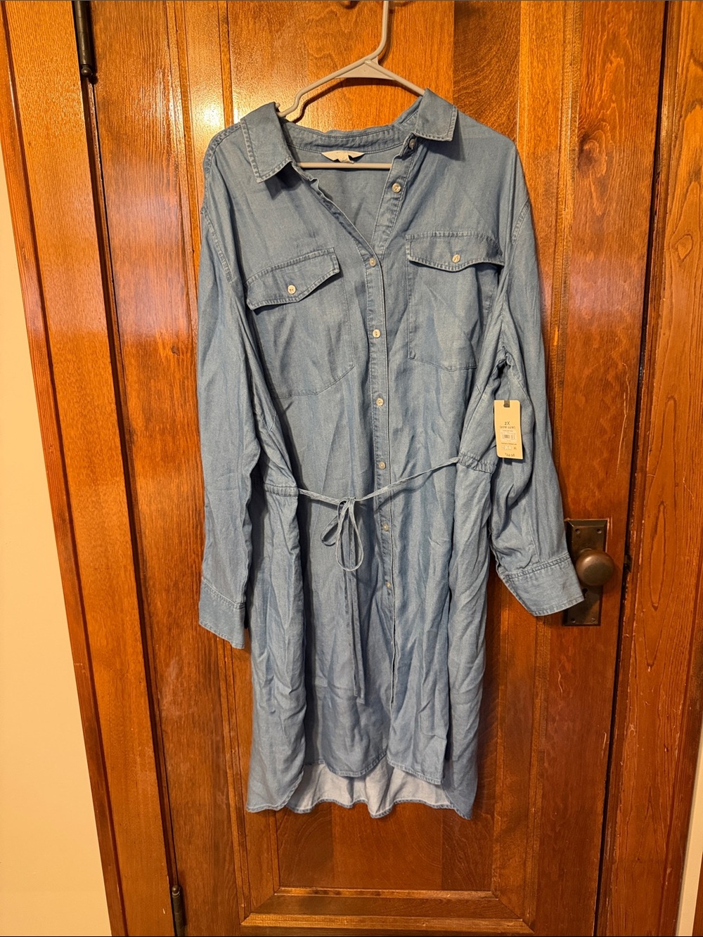 Terra & Sky Light Blue Denim Shirt Dress with Self-Tie Waist